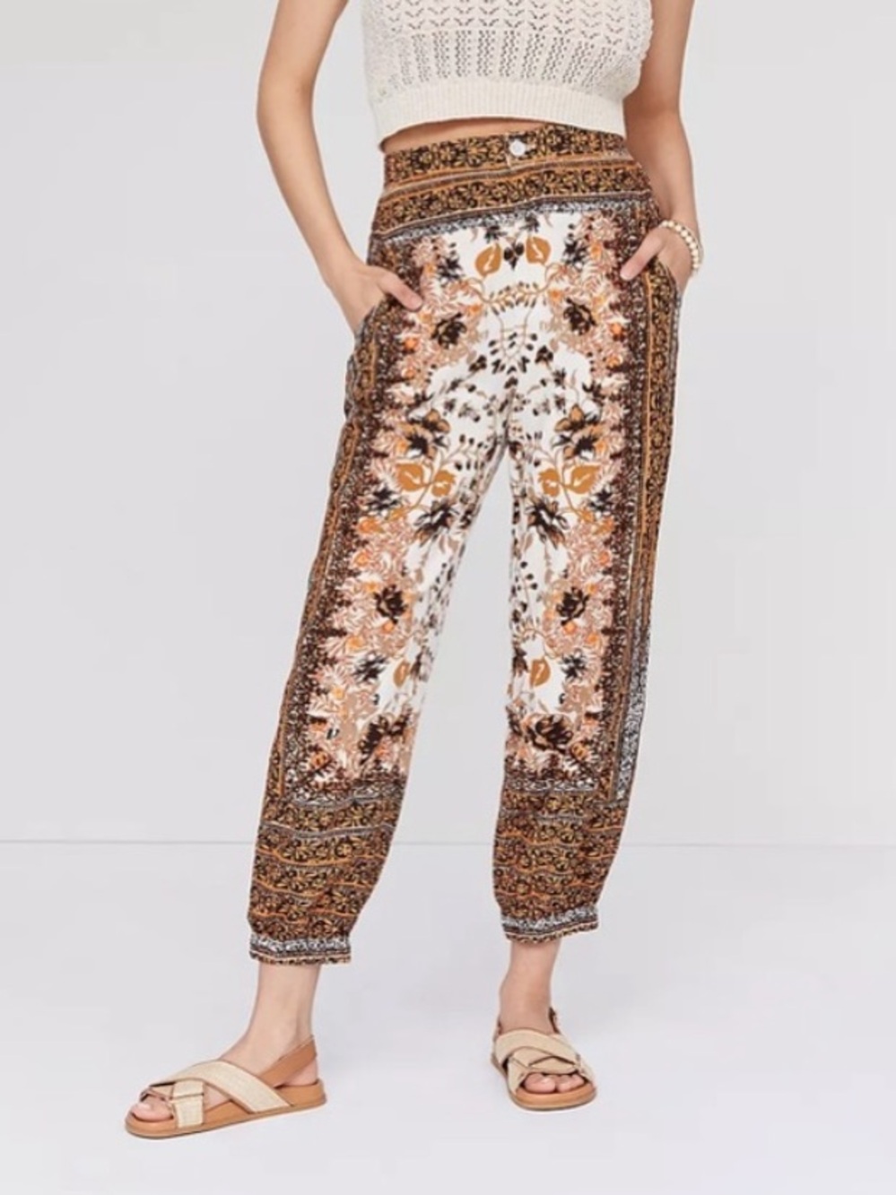 Anthropologie Cream, Brown & Tan Floral Border Joggers